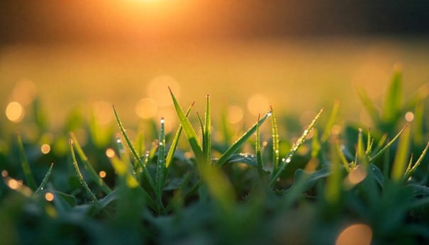 Tau auf jungen grünen Sedumpflanzen im Morgenlicht